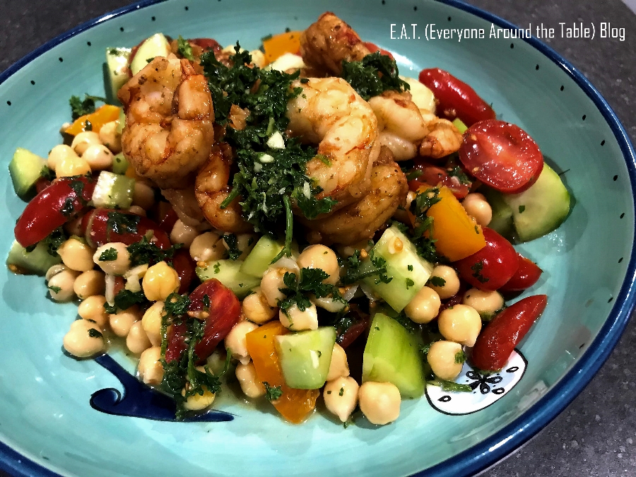 The finished dish - Mediterranean Garbanzo Bean Salad with herb dressing. 